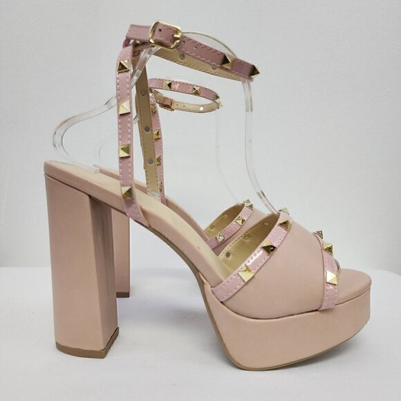 Nude Studded Platform Heeled Sandals 10 - Picture 2 of 9
